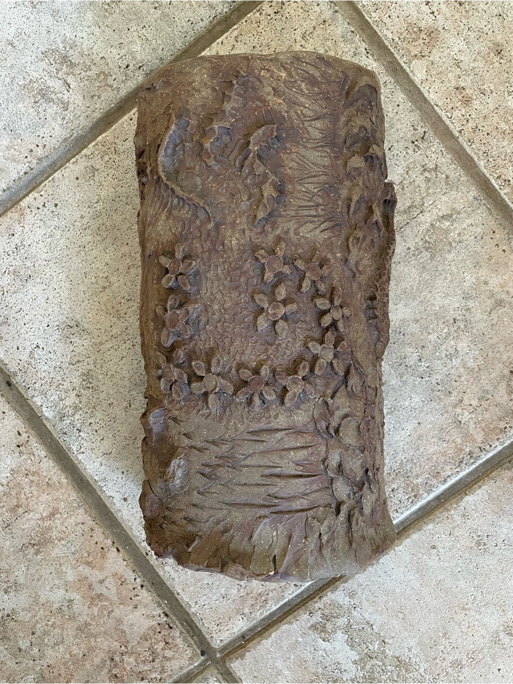 Carved Floral Rectangular Pottery Sculpture for Outdoor Decor- Brownish in color